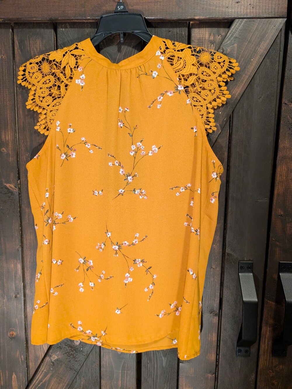 Express Mustard Floral Lace-Trim Sleeveless Top